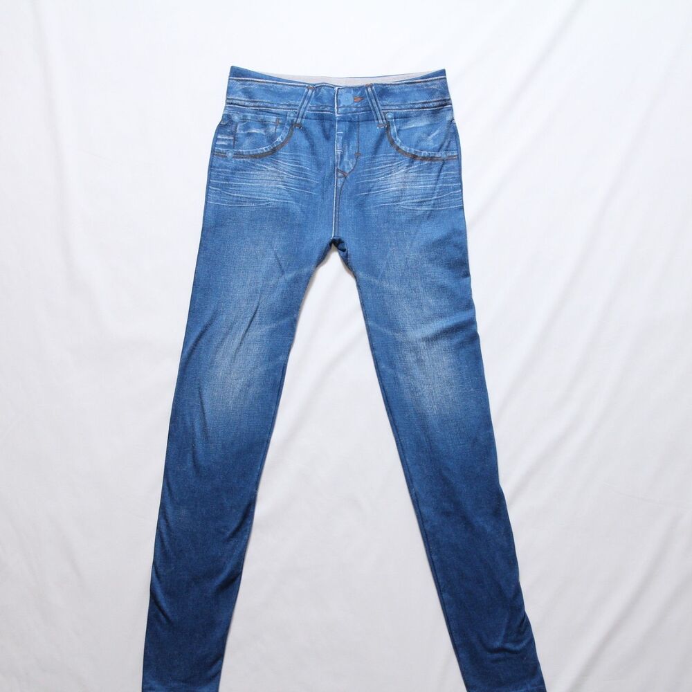 Genie Slim Jeggings Printed Denim Look Blue Stretch Pull-On Pants L/XL